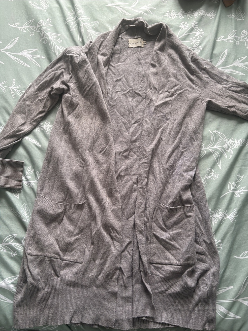 Dreamers Light Gray Open-Front Long Cardigan with Pockets